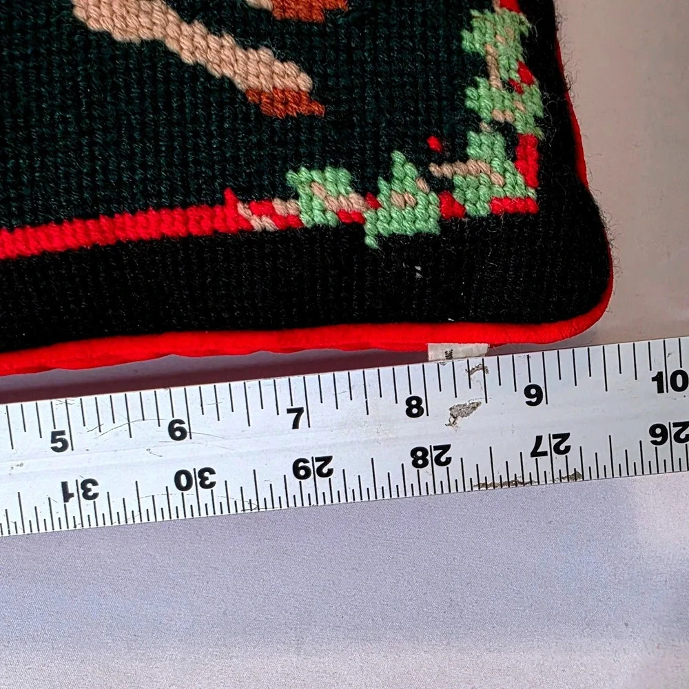 Vtg Reindeer Horn Needlepoint Christmas Pillow Green Red Velvet Midwest Importrs